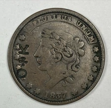 1837 Counter Stamped Hard Times Token. Not One Cent.