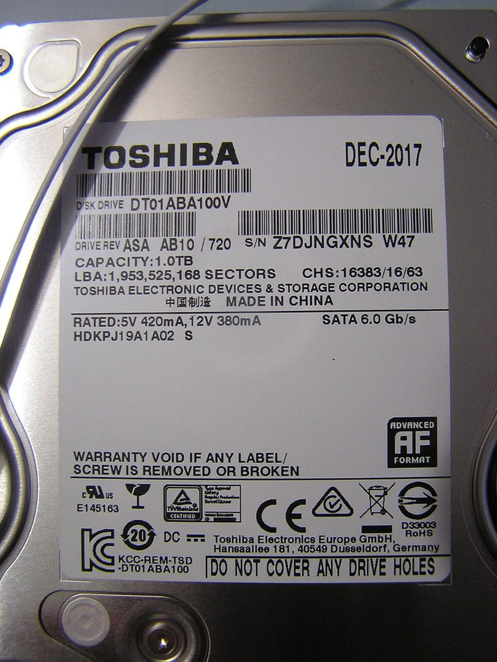 Toshiba 1TB DT01ABA100V 3.5" SATA III 6Gbs 32MB PC CCTV DVR AV Hard Disk Drive - Image 4 of 4