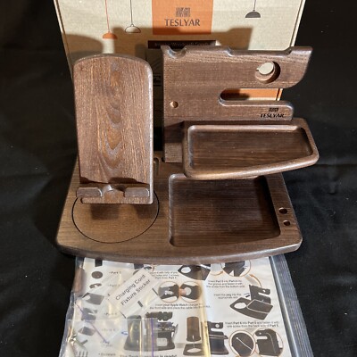 TESLYAR 290 Wood Phone Docking Station Key Holder Wallet Stand Watch Dark  Brown