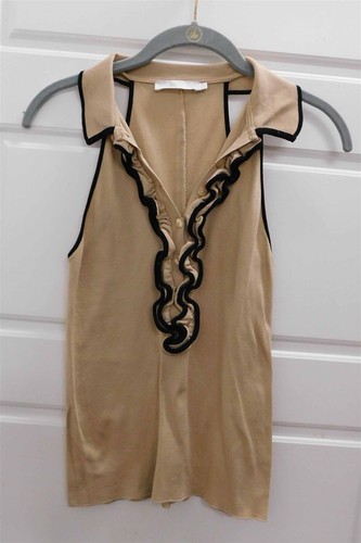 Anne Fontaine beige schwarze Bluse mit Borte dehnbare Baumwollmischung ärmellos Gr. 40