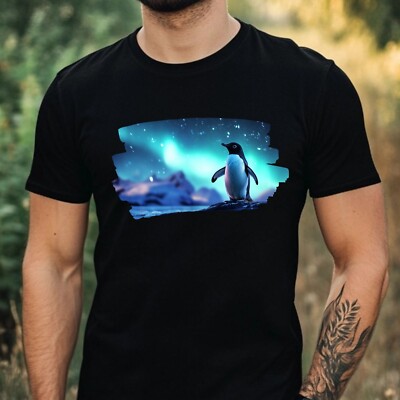Mens Northern Lights Print Cotton Penguin T-Shirt Size XS to 5XL