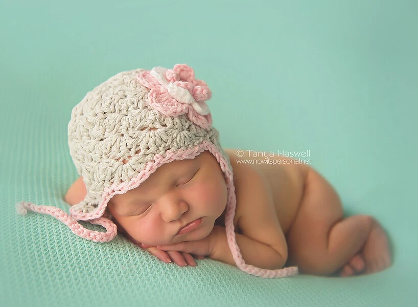 Hand Crochet Baby Girl Hat Photo Prop Cotton Flower Grey Pink Early Newborn-12M