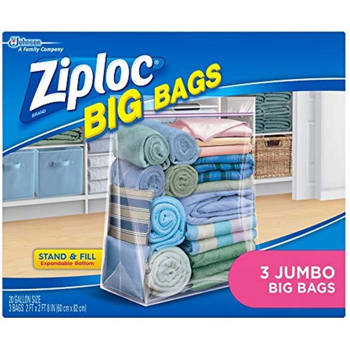 Ziploc Storage Bags, Double Zipper Seal & Expandable Bottom, Jumbo, 3 Count, Big