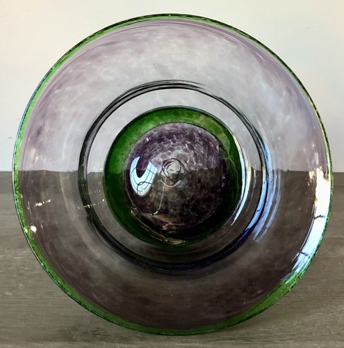 Soda Glass Purple Bowl w/Green Trim & Base - Hand Blown - Mid Century - 7.5" Dia - Picture 4 of 4