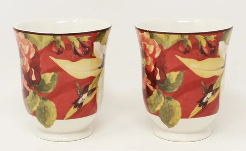 222 Fifth Set of 2 Mugs BELIZE Porcelain China Red Floral Hummingbird Cup Mug - Picture 2 of 6