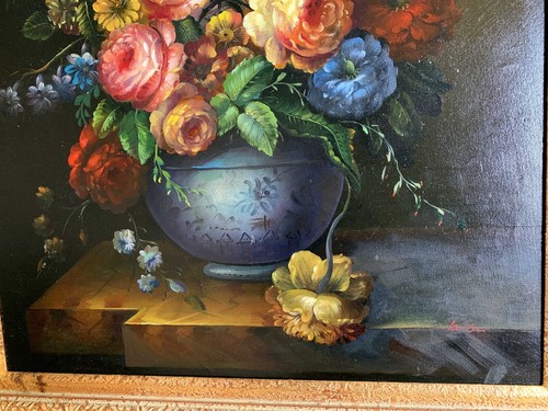 Großes Ölgemälde Stillleben Blumenstrauß farbig in Vase signiert gerahmt 113x83 - Bild 10 von 16