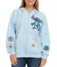 Disney Stitch Women  s Blue Full Zip Character Sweatshirt Hoodie Patches Medium