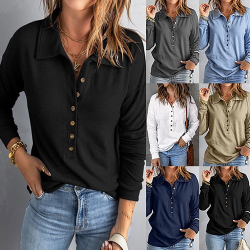 Women Button Down V Neck Blouses Long Sleeve Solid Stand Collar Knitted Shirts