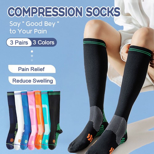 3Pair Compression Socks Men 20-30mmHg Circulation Support Socks Black Blue White