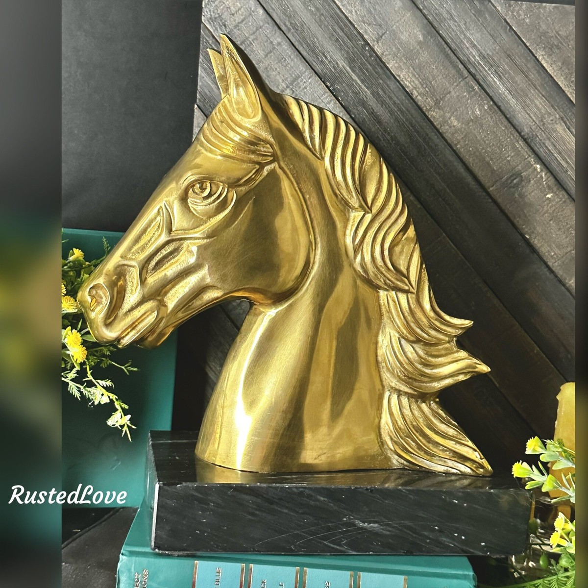 Brass Horse Head Sculpture on Marble Base Brass Horse Head Sculpture on Marble Base