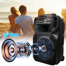15'' Portable Trolley Speaker Outdoor Subwoofer Heavy Bass Sound Rechargeable US