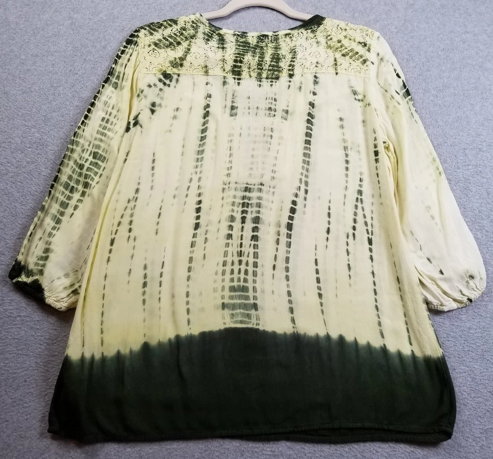 Claudia Richard Top Womens Small S Green Yellow Tie Dye ¾ Sleeve Lace Thin Sheer - Image 4 of 4