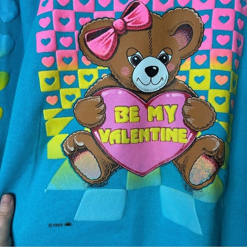Vintage 80s blue kitchy bear graphic sweatshirt womens XL USA made hearts decora - Picture 5 of 11