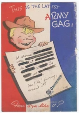 Army Gag Joke, Young Soldier with Censored Letter Comic ART WWII 1943 Postcard