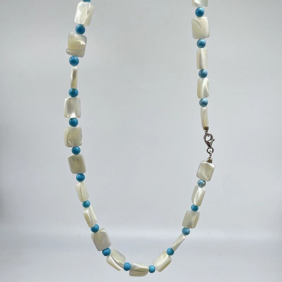 Collana donna vintage elegante blocchi in madreperla perle turchese argento 925. - Immagine 3 di 4