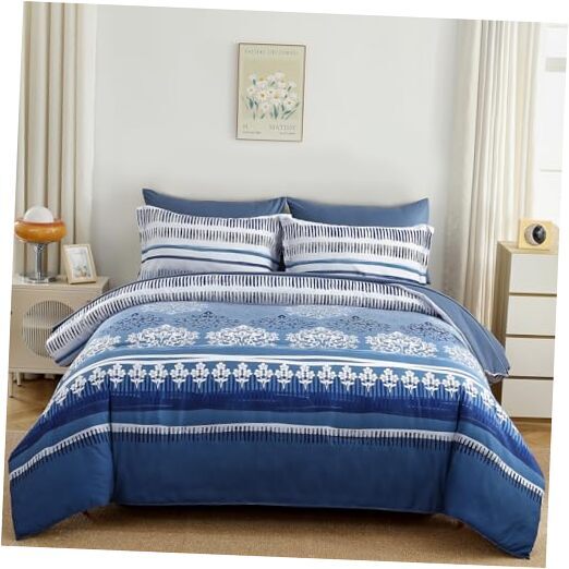 Comforter Set Size, 7 Pieces Boho Bed in a Bag, Botanical Floral Queen Blue