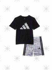 NWT Adidas Boy  s Cotton T-Shirts Black Athletic Shorts 2 piece Set Gray Size 6