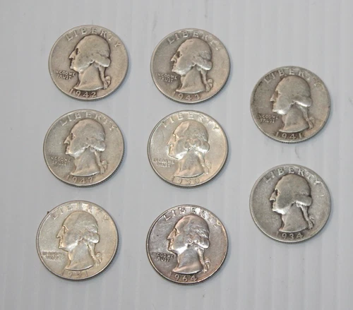 Vtg Lot of 8 Washington Quarters 90% Silver 25C Various Dates Starting at 1934