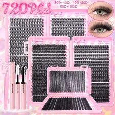 DIY Lash Extension Kit 720pcs Lash Clusters Individual Eyelashes Kit with Lash B