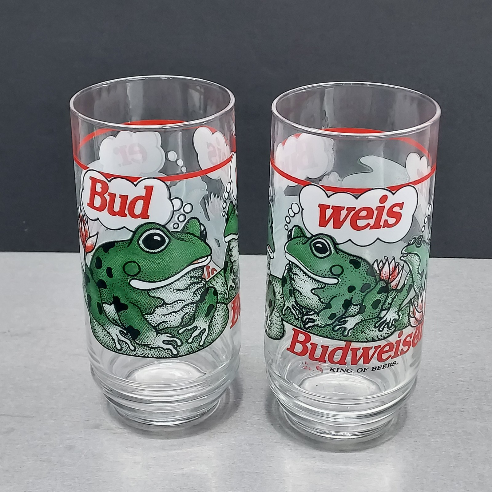 Set of 2 Budweiser King Of Beers 6” Glass Frogs 1995 ANHEUSER Busch Bud Weis Er