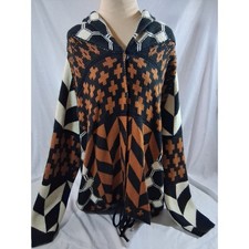 Boho Geometric Patchwork Hooded Cardigan Sweater Black Orange Cream Women OS