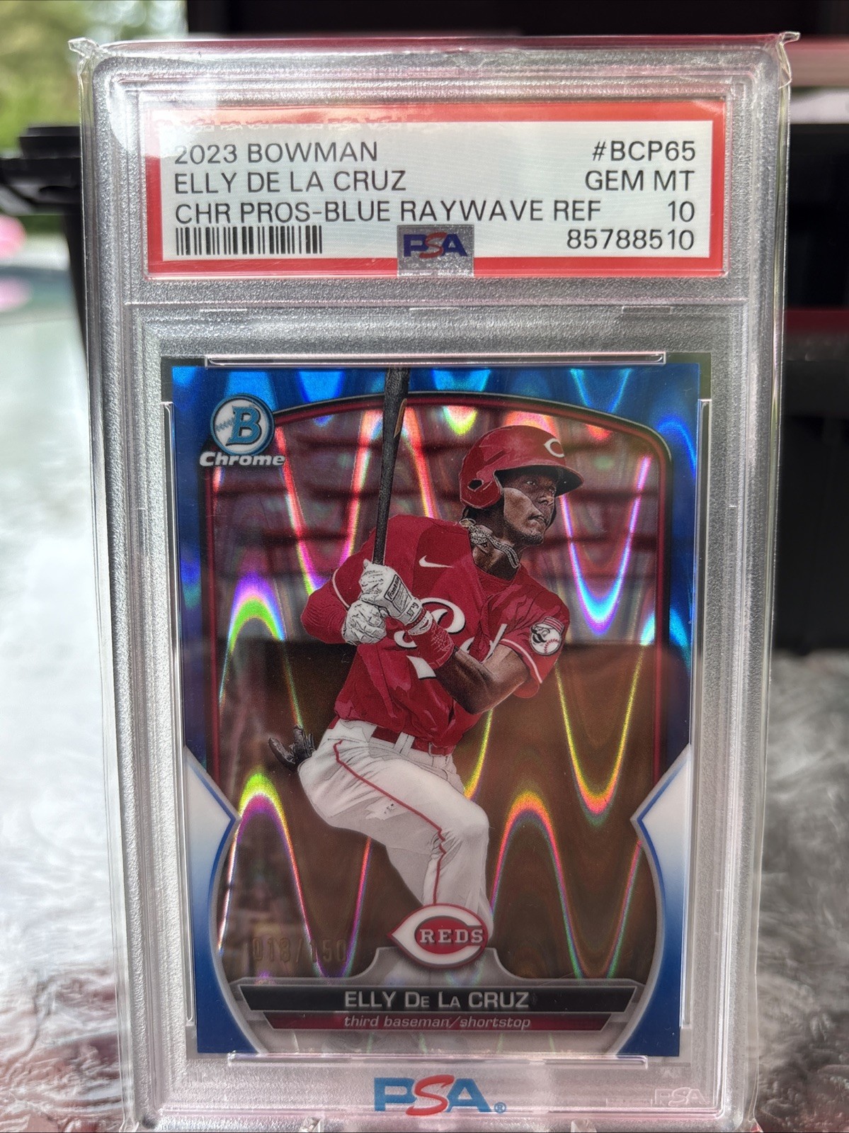 2023 Bowman Elly De La Cruz Chrome Prospect Blue RayWave/150 PSA 10 Low Pop view 4