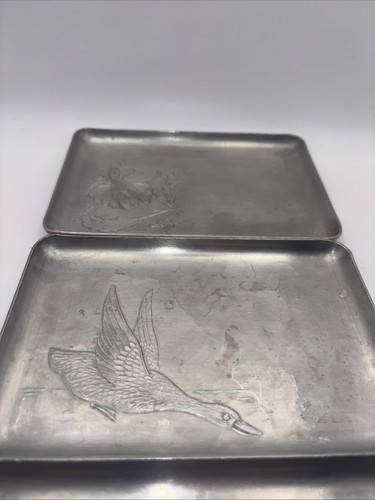 3 VINTAGE HAND WROUGHT RECTANGLE MINI 6" X 4" ALUMINUM TRAY EMBOSSED / - Picture 2 of 9