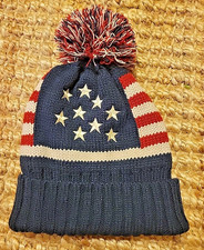 American Flag Stars  Stripes Red/White Blue Pom Cuffed Beanie Hat Cap