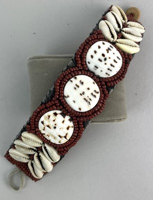 Vtg African Cowrie shell bracelet cowry shells & small red seed beads, Medallion