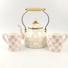 MacKenzie-Childs 2Qt Enamel Tea Kettle and Set Rosy Check / Pink
