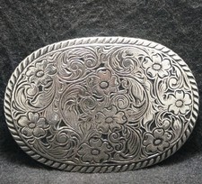 XE05123 VINTAGE 1980s FLORAL ARTWORK NATURE UNISEX SILVERTONE BELT BUCKLE