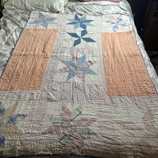 VTG Handmade Pastel Country Folk Style Gingham Baby Quilt Farmhouse 8 Pt Star