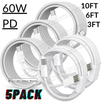 5PACK 10FT 6Ft 3Ft PD USB C Cable Type C-C Fast Charging For iPhone15 16e 17 Lot