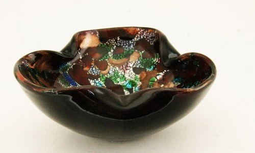Mid Century Murano Art Glass Candy Dish Ashtray Black Tutti Fruiti
