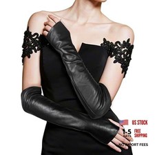 Long Leather Fingerless Gloves, Soft Lambskin Leather Opera Party Large Black