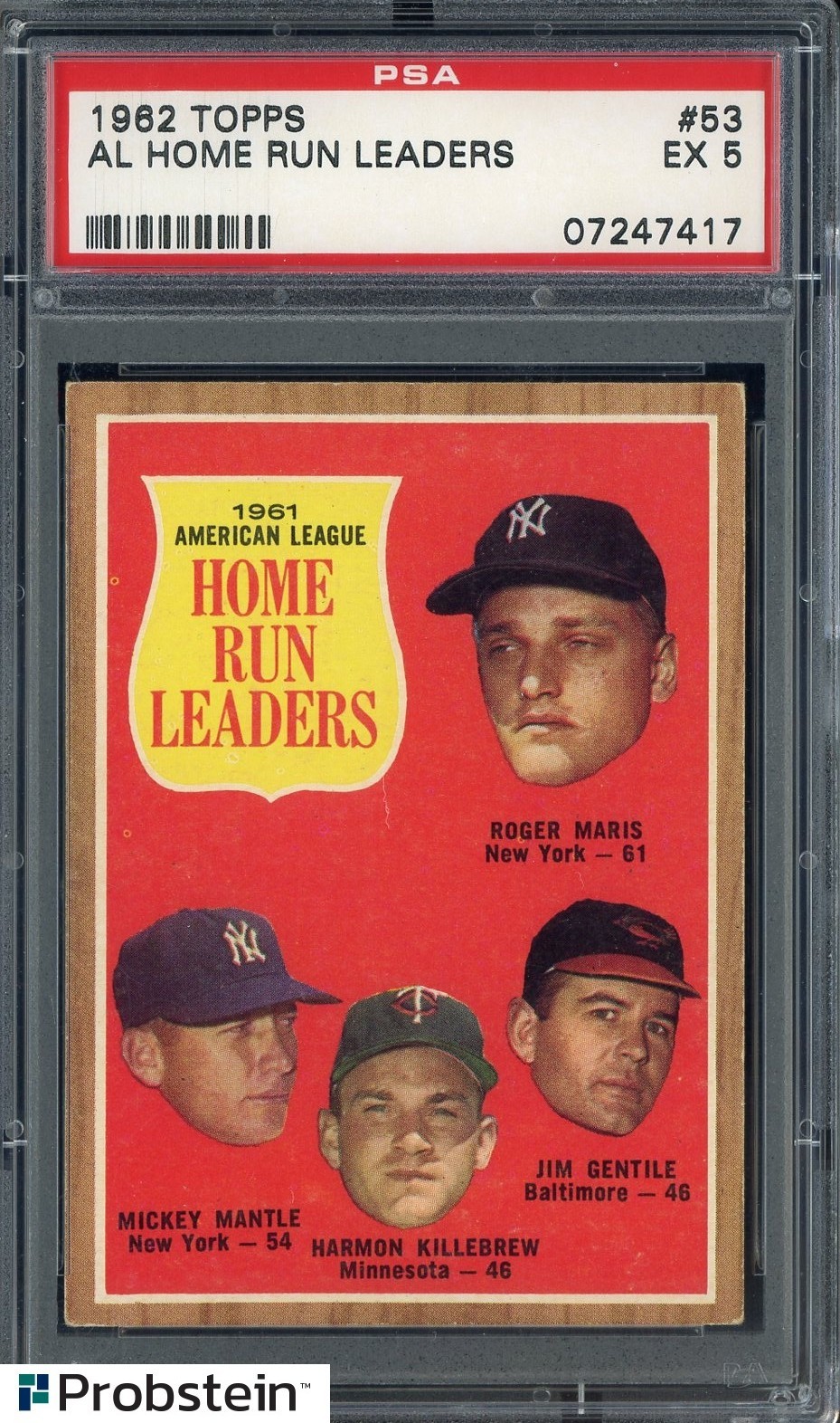 1962 Topps #53 Al Home Run Leaders w/ Mickey Mantle Killebrew HOF PSA 5 EX view 1