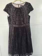 Adriana Papell Sz 10 Striped Filigree Fit N Flare Black Knee-length Lined Dress