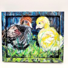 Pintura Acrílica Original Pollo Pollo Pollo Granja Arte Popular Pintado a Mano Firmado
