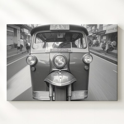 Dynamic Tuk Tuk Taxi Canvas Black & White Urban Motion Photography Wall Art