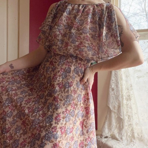 Vintage 1970s Boho Dusty Pink & Blue Floral Split Flutter Detail Day Dress S - Picture 2 of 8