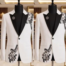 Men's Suits Black Rhinestone Floral Embroidered Wedding Party Formal Two Pieces