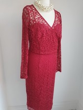LONG TALL SALLY Dress Red Lace Pencil Midi Wrap V Neck Bodice  Occasion UK 14