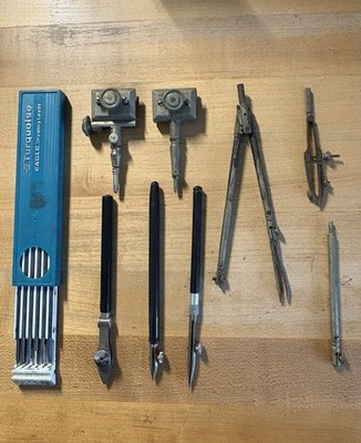 Berol Vintage Metal Drafting Tools Set with Turquoise Leads, Compasses, Dividers