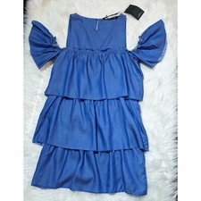 Zara Frilled Denim Dress with off the shoulder sleeves Women's Size XS