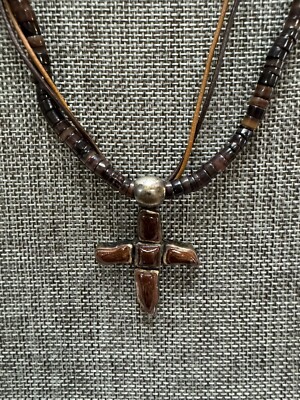 Barse Sterling Silver Cross Pendant On Leather And Stone Necklace 