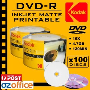 PREMIUM 100 x KODAK DVD-R 16x 4.7GB Inkjet Printable Blank DVD Discs ...