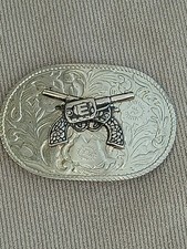 Pistol Guns on OVAL Belt Buckle Gold Metal Western Revolver 3.5 Long, 2.5 Wide