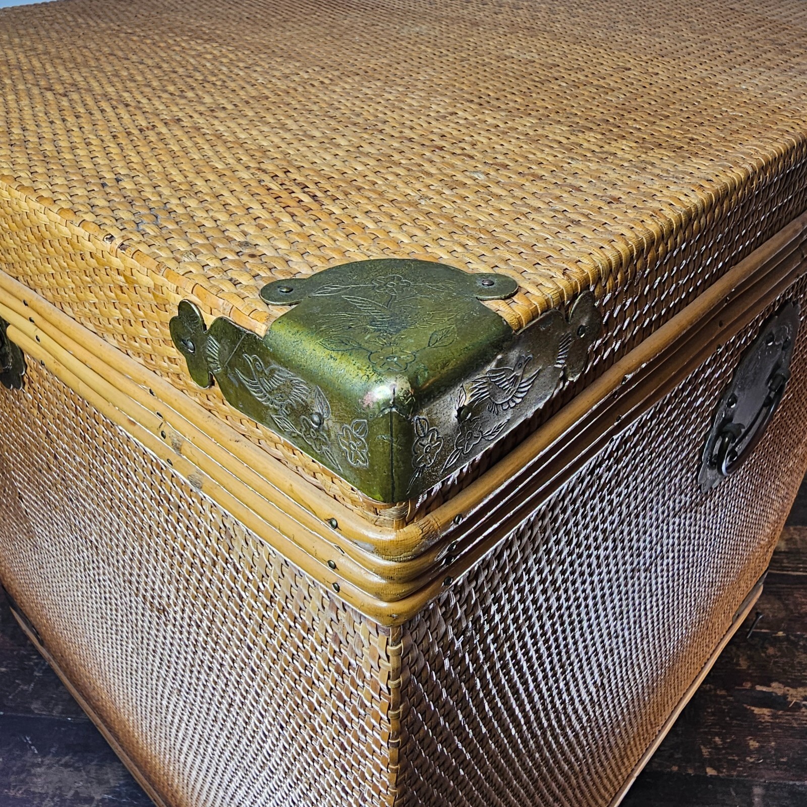 Vintage Wicker & Brass Chinoiserie Chest Trunk From Hong Kong 20"L x 20"W x 21"H