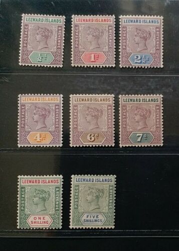 LEEWARD ISLANDS 1890 Queen Victoria 1/2d to 5s SG 1 - 8 Sc 1 - 8 set 8 MLH - Imagen 1 de 2