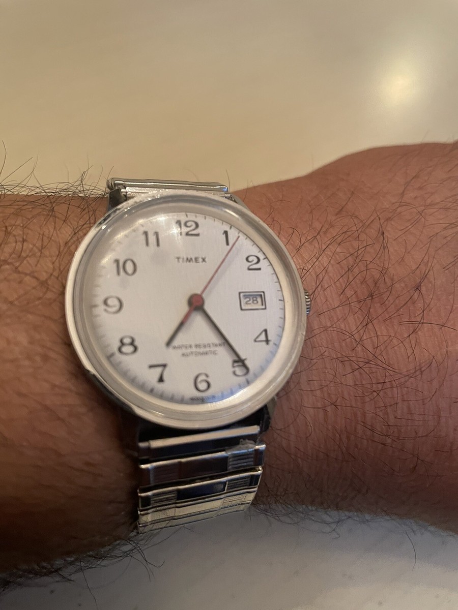 Vintage Timex 34mm Silver Tone Automatic Date Watch w/Stretch Flex